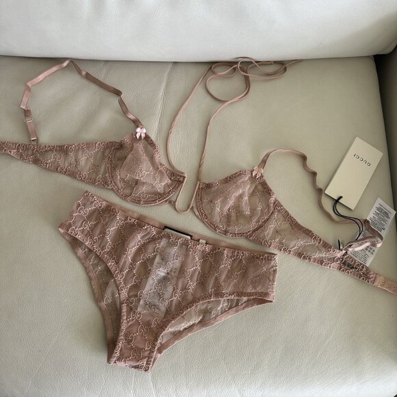 NWT GUCCI LINGERIE SET PINK GG TULLE LACE BOWS NECK AROUND HALTER BRA SET - Picture 4 of 10
